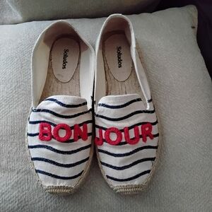 Soludos White Espadrilles with Red and Black Stripes